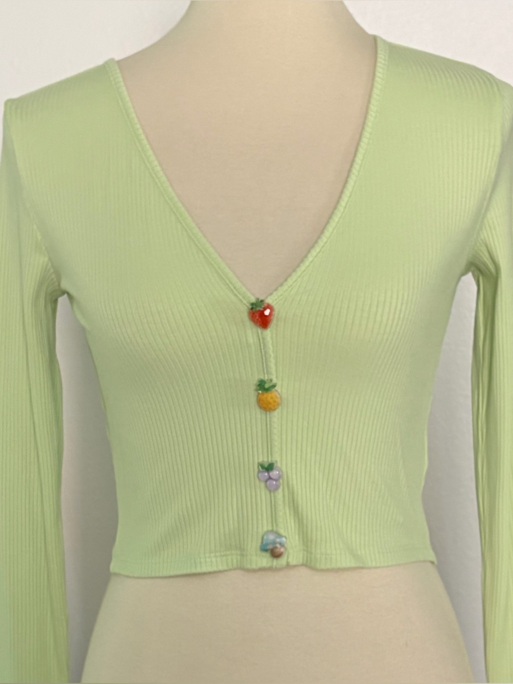 Forever 21 Light Green Ribbed V-Neck Crop Top with Fruit Charm Faux‎ Buttons